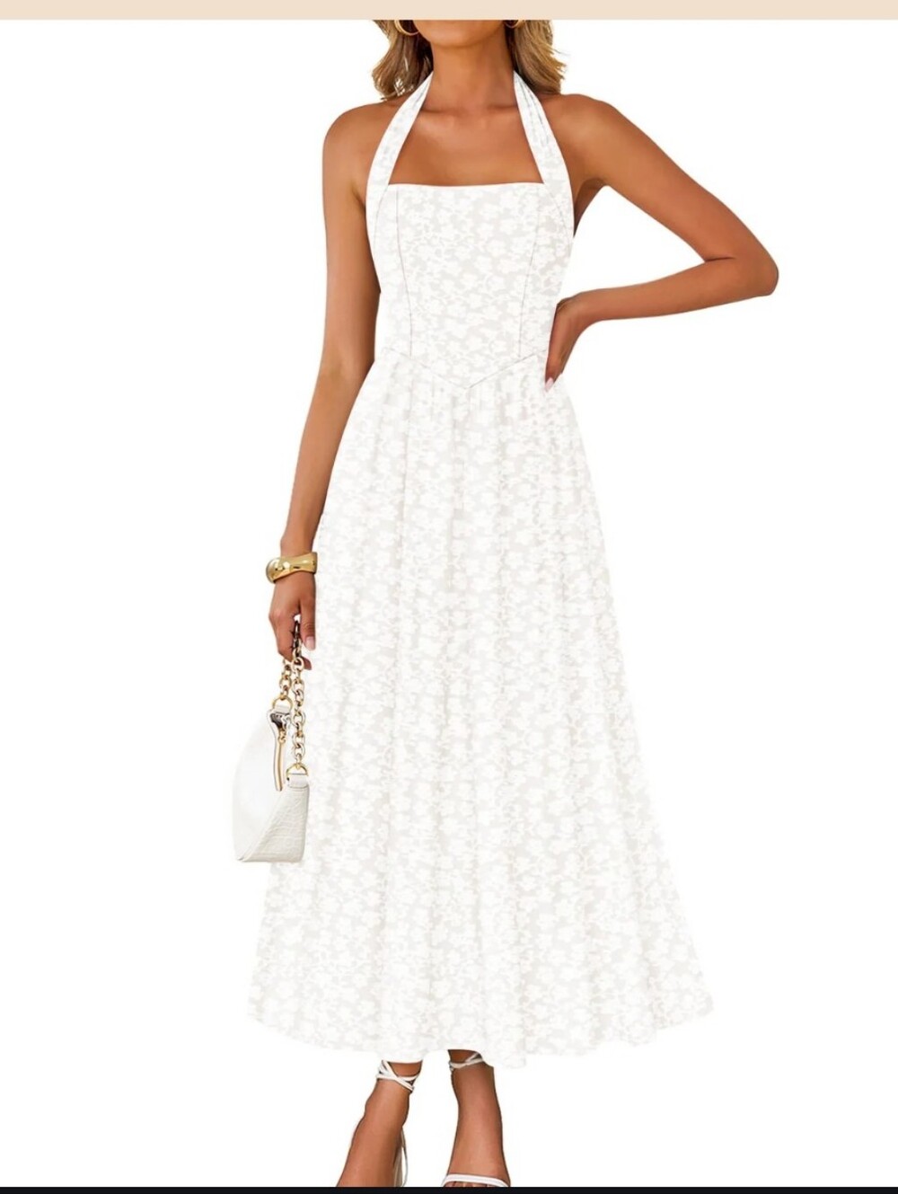 Zesica White Floral Halter Midi Dress, Size L
